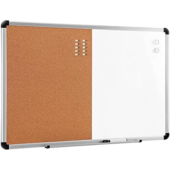 Combo Magnetic Whiteboard&Cork Board for Home,Office and Classroom, Plastic/Aluminum Frame, White,Yellow, 36" x 24"