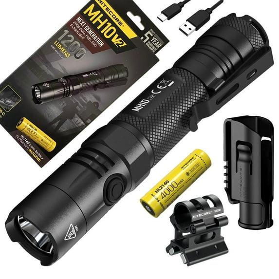 Combo: Nitecore MH10 V2 Type-C Rechargeable Flashlight 1200 Lumens w/2140 Battery, GM02MH Mount  and  Free Eco-Sensa USB Cable