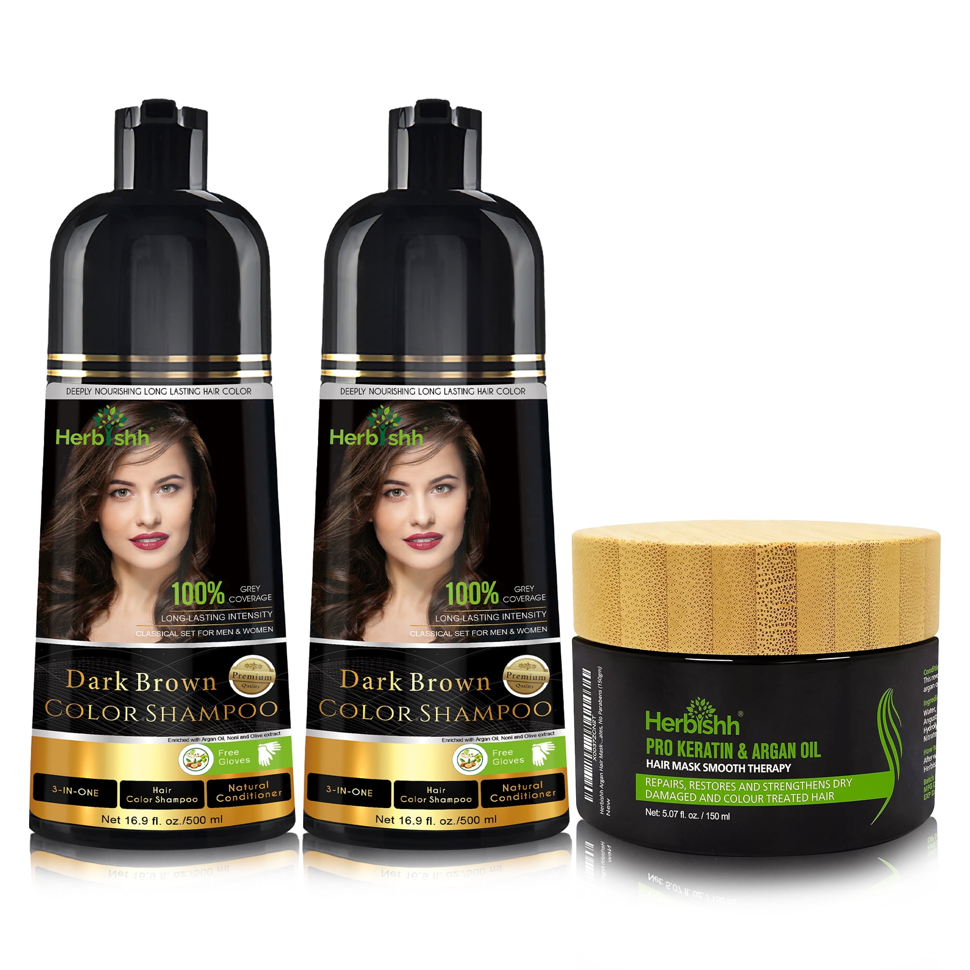 Combo Pack-2pcs Herbishh Hair Color Dye Shampoo 500ml+ 1pc Argan Hair Mask (Dark Brown)