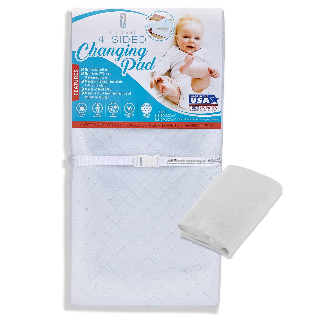 [Combo Pack] 4-Sided Waterproof Diaper Changing Pad, 30" with Bonus Washable White Terry Cover