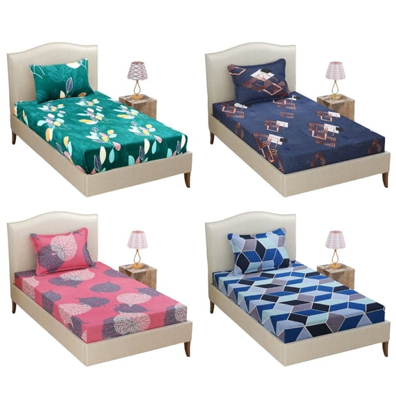 Combo Pack Of 4 Single Bedsheet With 4 Pillow Covers | 60 X 90 Inches, Multicolor - 160 Thread Count Soft Brushed Glace Cotton Long Lasting & Wrinkle Free