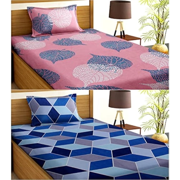 Combo Pack Of 2 Single Bedsheets With 2 Pillow Covers | 60 X 90 Inches, Pink & Blue - Super Soft Premium Brushed Glace Cotton Bedsheet