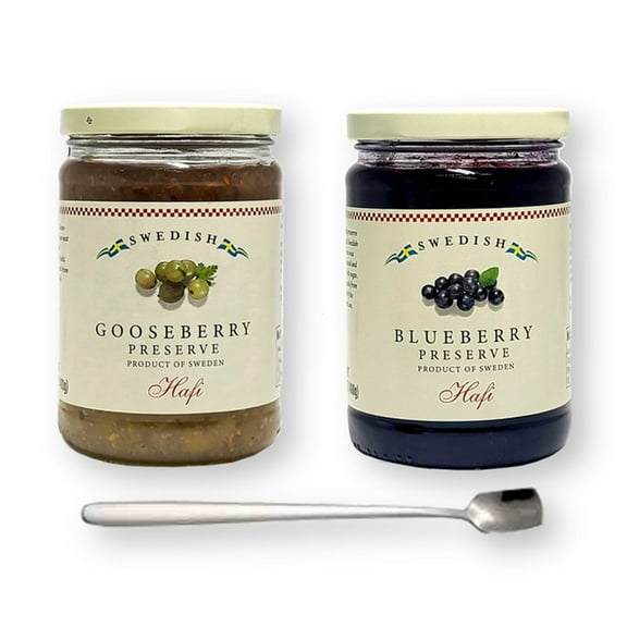 Combo Pack of Hafi Swedish Gooseberry & Swedish Blueberry Preserves 14.1 Oz. (400 ml) Each with Bonus Modern Stainless Steel Spoon (3-Pc Set)