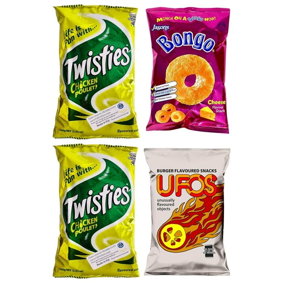 Combo Puffs Snack - 2 x 100g Twisties Chicken Poulet, 1 x 100g UFO'S & 1 x 28g Bongo Cheese (Value Pack Of 4) Favorite Snack Of The Pacific Islanders