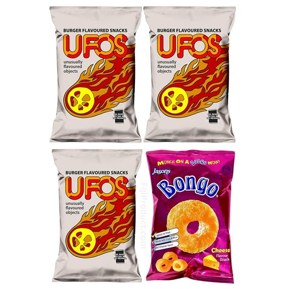 Combo Puffs Snack - 3 x 100g UFO'S Burger Flavor & 1 x 28g Bongo Cheese (Value Pack Of 4) Favorite Snack Of The Pacific Islanders