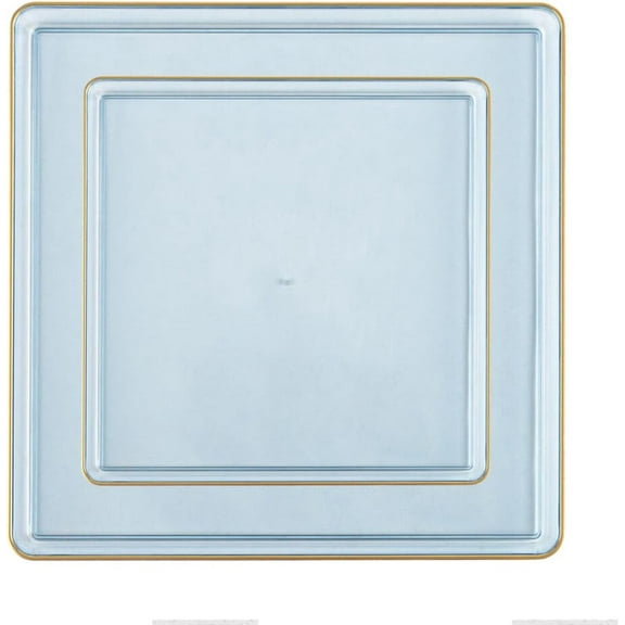 Combo Set 7.75" Dessert Plates and 10.75" inch Square Blue Plastic Plates with Gold Rim, Disposable China Like Party Plate, Heavy Duty Dinner Charger Plate, Salad, Wedding, Tableware (10)