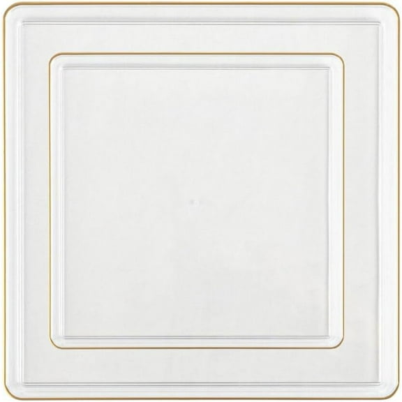 Combo Set 7.75" Dessert Plates and 10.75" inch Square Clear Plastic Plates with Gold Rim, Disposable China Like Party Plate, Heavy Duty Dinner Charger Plate, Salad, Wedding, Tableware (10)