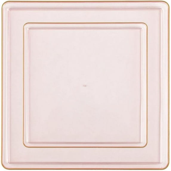 Combo Set 7.75" Dessert Plates and 10.75" inch Square Pink Plastic Plates with Gold Rim, Disposable China Like Party Plate, Heavy Duty Dinner Charger Plate, Salad, Wedding, Tableware (60)