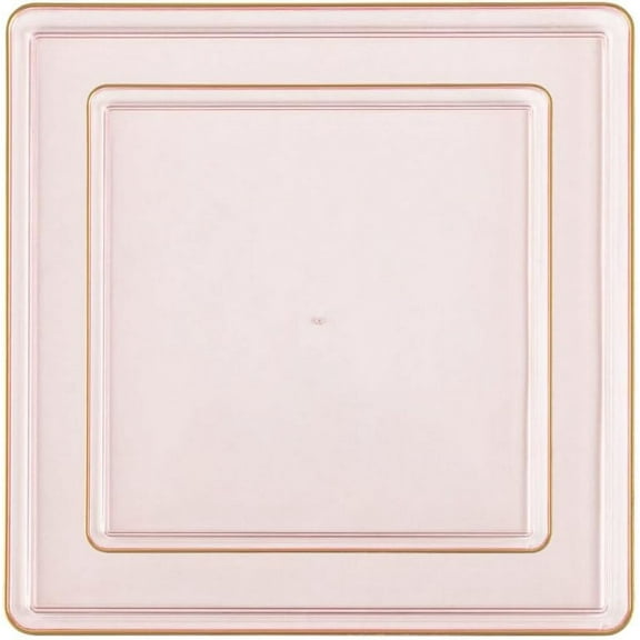 Combo Set 7.75" Dessert Plates and 10.75" inch Square Pink Plastic Plates with Gold Rim, Disposable China Like Party Plate, Heavy Duty Dinner Charger Plate, Salad, Wedding, Tableware (20)