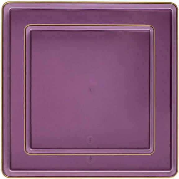 Combo Set 7.75" Dessert Plates and 10.75" inch Square Purple Plastic Plates with Gold Rim, Disposable China Like Party Plate, Heavy Duty Dinner Charger Plate, Salad, Wedding, Tableware (10)