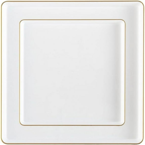 Combo Set 7.75" Dessert Plates and 10.75" inch Square White Plastic Plates with Gold Rim, Disposable China Like Party Plate, Heavy Duty Dinner Charger Plate, Salad, Wedding, Tableware (20)