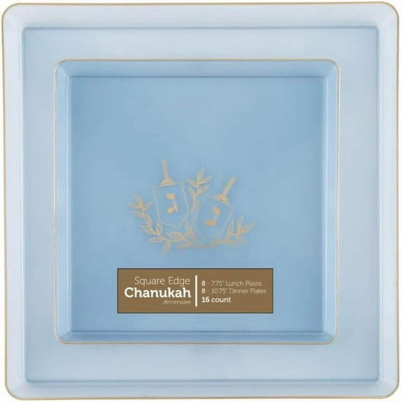 Combo Set 7.75 inch Salad Plates & 10.75" inch Square Plastic Plates Heavy Duty Hanukkah Dinner Plates with Blue Gold Chanukah Design Hanukkah Party Disposable China Like Plastic Dessert Plate (16)