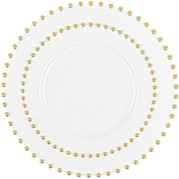 Combo Set 7" Dessert Plates and 10" inch Round White Plastic Plates with Gold Beaded Rim, Disposable China Like Party Plate, Heavy Duty Dinner Charger Plate, Salad, Wedding, Tableware (128)