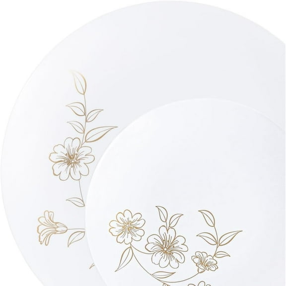 Combo Set 7" Dessert Plates and 10" inch Round White Plastic Plates with Gold Primrose Flower Print, Disposable China Like Party Plate, Heavy Duty Dinner Charger Plate, Salad, Wedding, Tableware (10)
