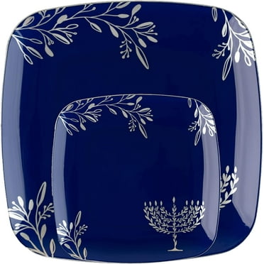 Combo Set 7" inch Salad Plates & 10" inch Square Plastic Plates Heavy Duty Hanukkah Dinner Plates with Blue Silver Chanukah Design Hanukkah Party Disposable China Like Plastic Dessert Plate (24 Pack)