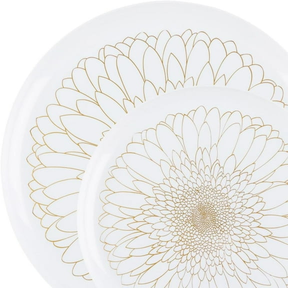 Combo Set 8" Dessert Plates and 10" inch Round White Plastic Plates with Gold Blossom Flower Print, Disposable China Like Party Plate, Heavy Duty Dinner Charger Plate, Salad, Wedding, Tableware (20)