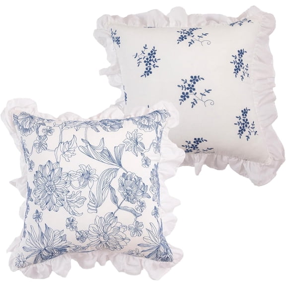 Combo Set Blue Floral & Leaf Ruffled Pillow Covers – 2-Pack French Country Cotton Linen Cushion Cases, Blue Botanical Print + Embroidered Leaf Design, Ruffle Edge, Cover Only