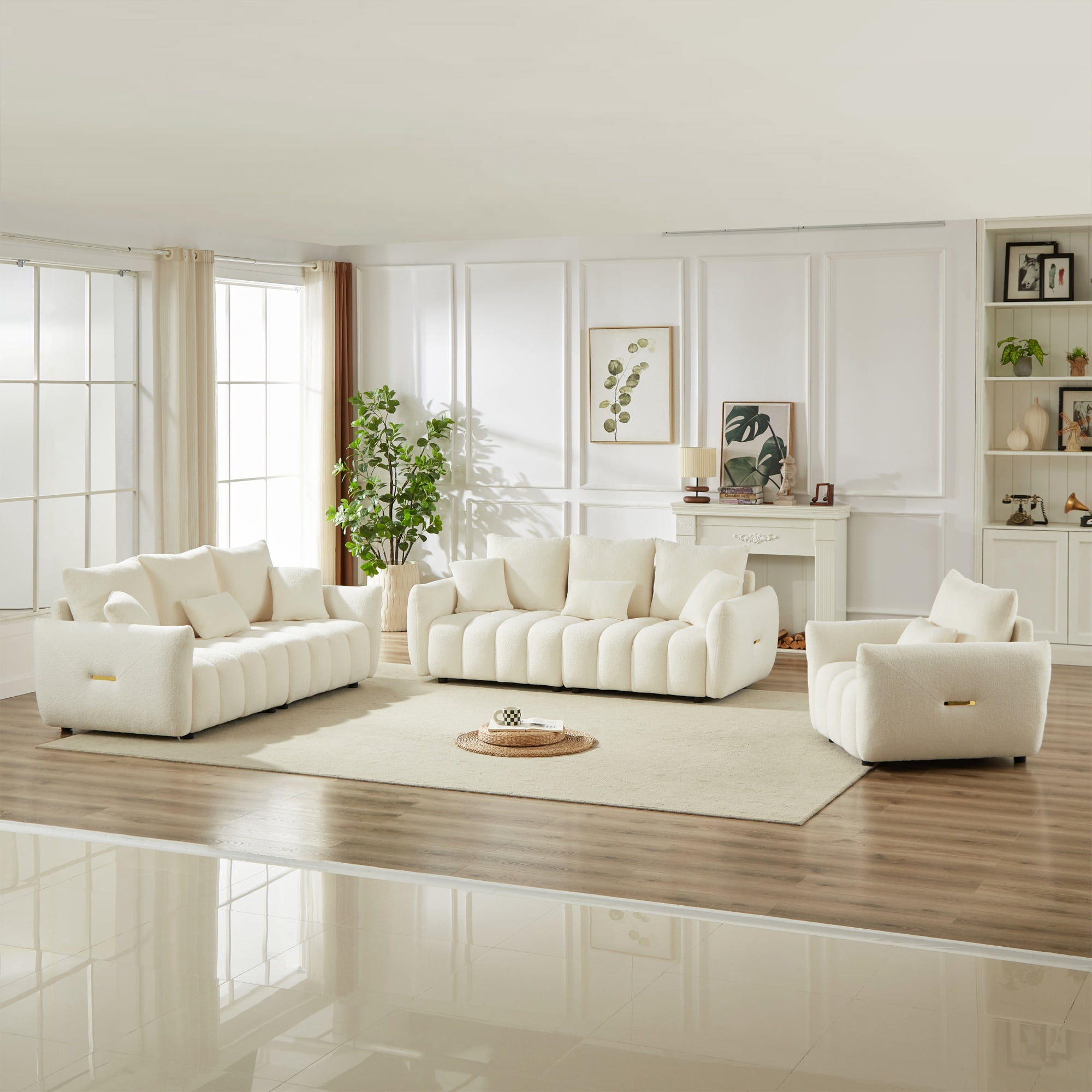 Combo Sofa Set 1+3+3 Seater with 7 Cushions, Teddy Fleece Wooden Frame Modern Living Room Sofa for Apartment, Beige