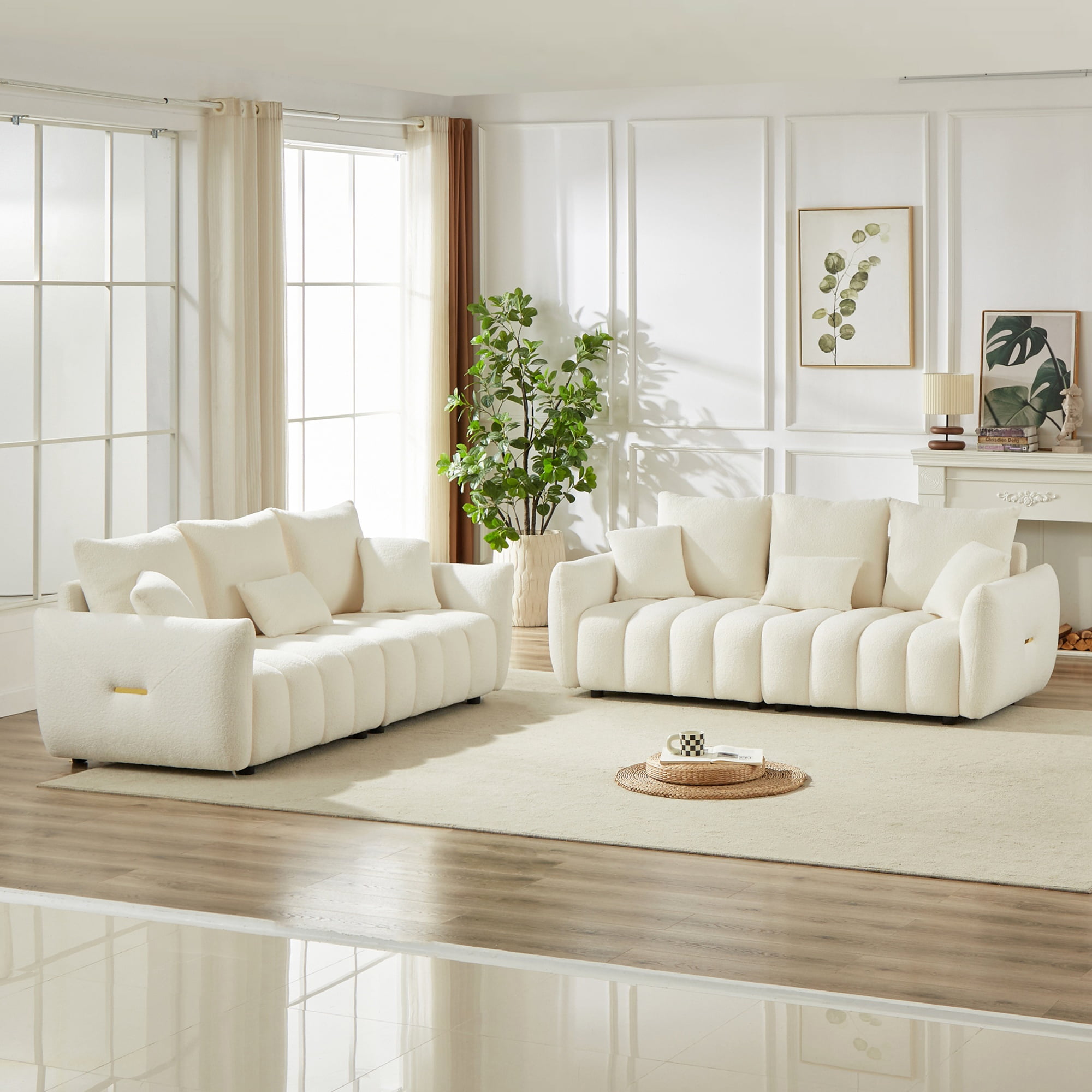 Combo Sofa Set 3+3 Seater with 6 Cushions, Teddy Fleece Wooden Frame Modern Living Room Sofa for Apartment, Beige