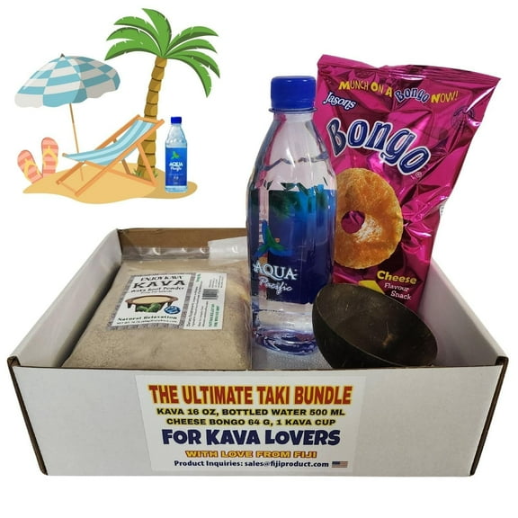 Combo - The Ultimate Taki Bundle, 16 Oz Kava, 16.9 Oz Bottle Water, Kava Cup, Bongo Cheese Puffs Snacks, Great For Kava Lovers