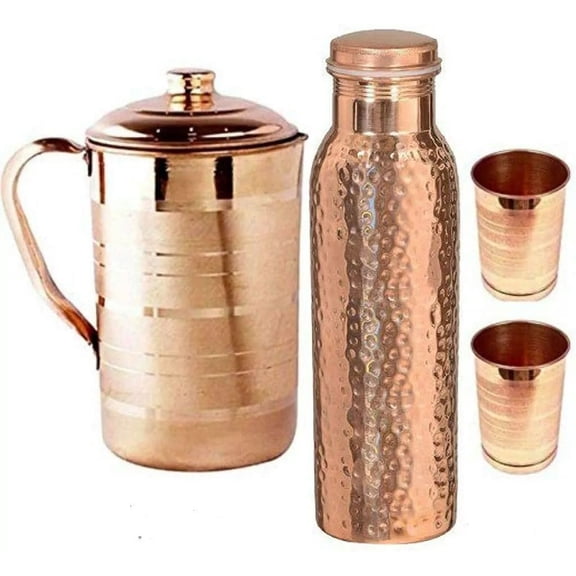 Combo pack Pure Copper Jug with Copper Hammered bottle and 4 Copper Glasses set