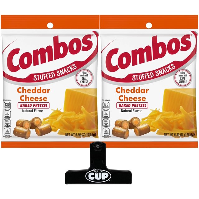 Combos Cheddar Cheese Baked AIF4 Pretzels, 6.3 oz Bag (Pack of 2) with By The Cup Bag Clip