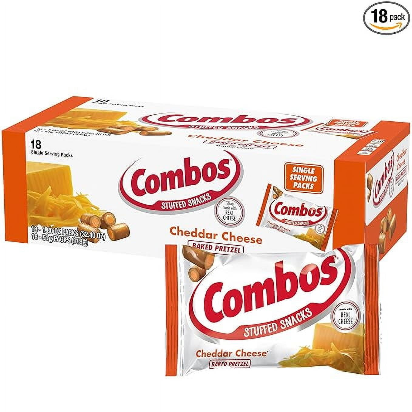 Combos Cheddar Cheese Baked Pretzel Stuffed Snacks, 1.8 Ounce Per Bag (18 Pack, 32.4 Oz. Total), Cheese Pretzels, Cheese Filled Pretzels