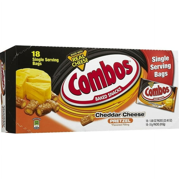 Combos Cheddar Cheese Filled Pretzel - Cheddar Cheese, Crunch - 1.80 oz - 18 / Box | Bundle of 2 Boxes
