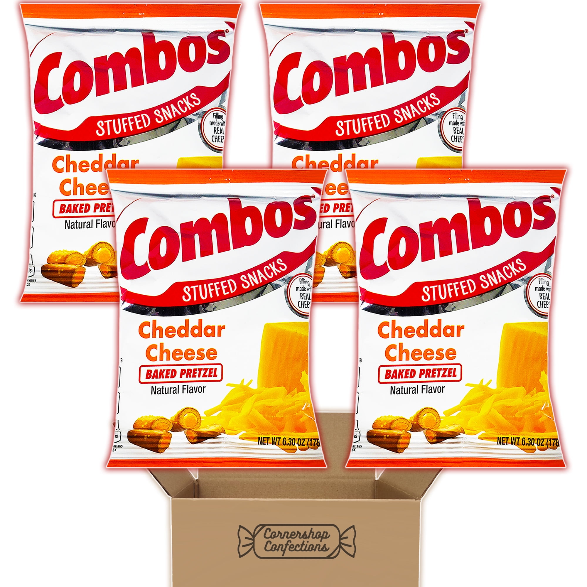 Combos Cheddar Cheese Flavored Baked Pretzel Bulk Pack - 4 Separate 6.3 oz Bags for Over 24 Ounces Total - Stuffed Pretzel Snacks for Road Trips, School, Work in Cornershop Confections Pack