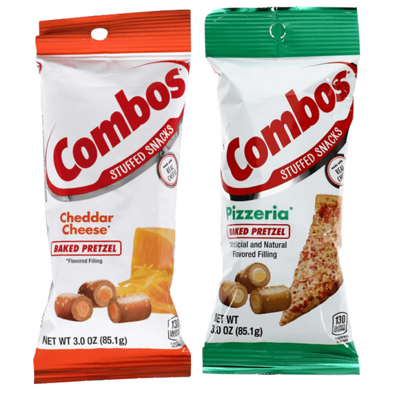 Combos Cheddar Cheese and Pizzeria Baked Pretzel Snacks, Creamy Filling Made with Real Cheese On the Go Snacks for Kids and Adults, Halloween Goody Bag Filler, and Christmas Stocking 3oz- 2 Pack