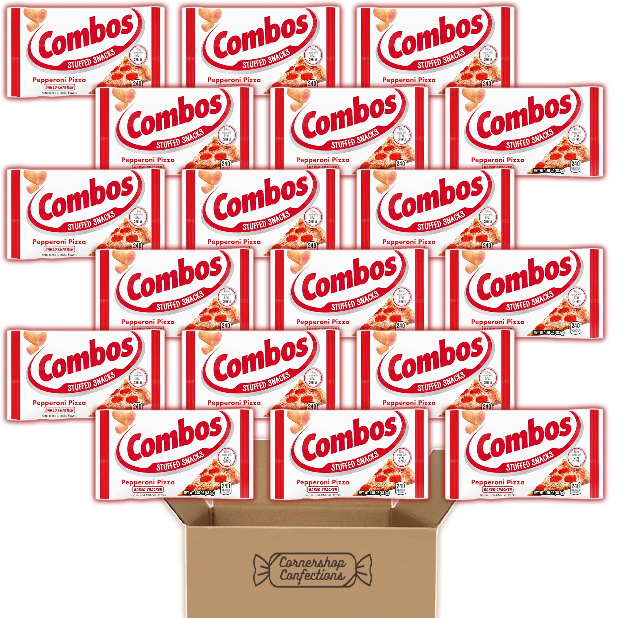 Combos Pepperoni Pizza Flavored Baked Cracker Bulk Pack - 18 Individually Sealed 1.70 oz Bags - Stuffed Cracker Snacks for Road Trips, School, Work, On The Go Snacks in Cornershop Confections Pack