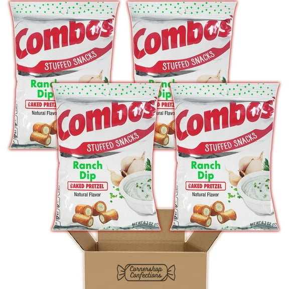 Combos Ranch Dip Flavored Baked Pretzel Bulk Pack - 4 Separate 6.3 oz Bags for Over 24 Ounces Total - Stuffed Pretzel Snacks for Road Trips, School, Work in Cornershop Confections Pack