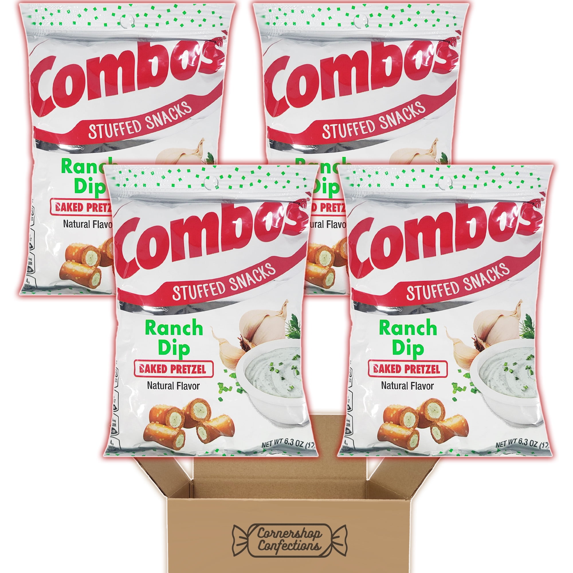 Combos Ranch Dip Flavored Baked Pretzel Bulk Pack - 4 Separate 6.3 oz Bags for Over 24 Ounces Total - Stuffed Pretzel Snacks for Road Trips, School, Work in Cornershop Confections Pack
