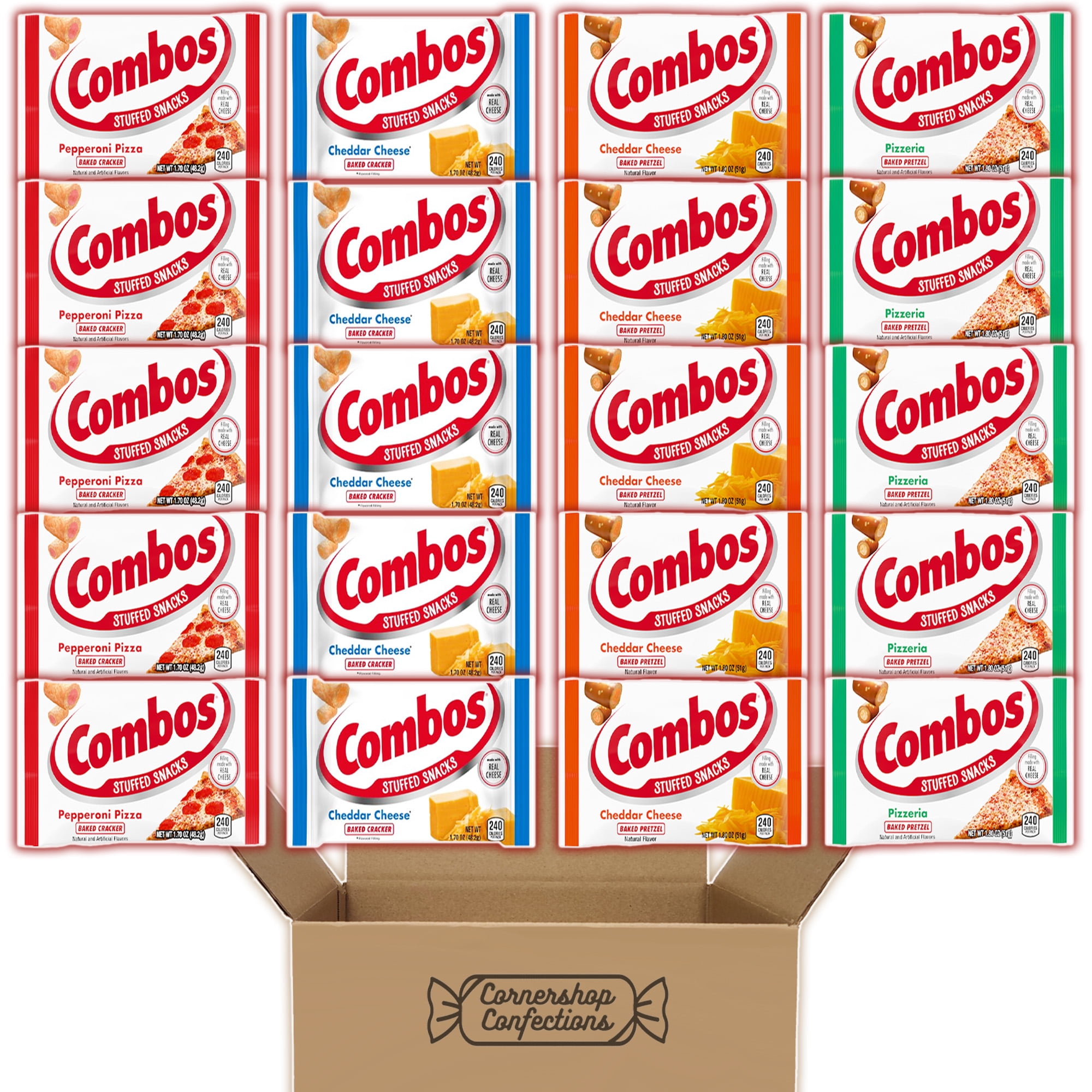 Combos Stuffed Snack 20 Bag 4 Flavor Bulk Variety Pack - Pepperoni Pizza Baked Cracker, Cheddar Cheese Pretzel, Pizzeria Baked Pretzel, Cheddar Cheese Baked Cracker In Cornershop Confections Pack