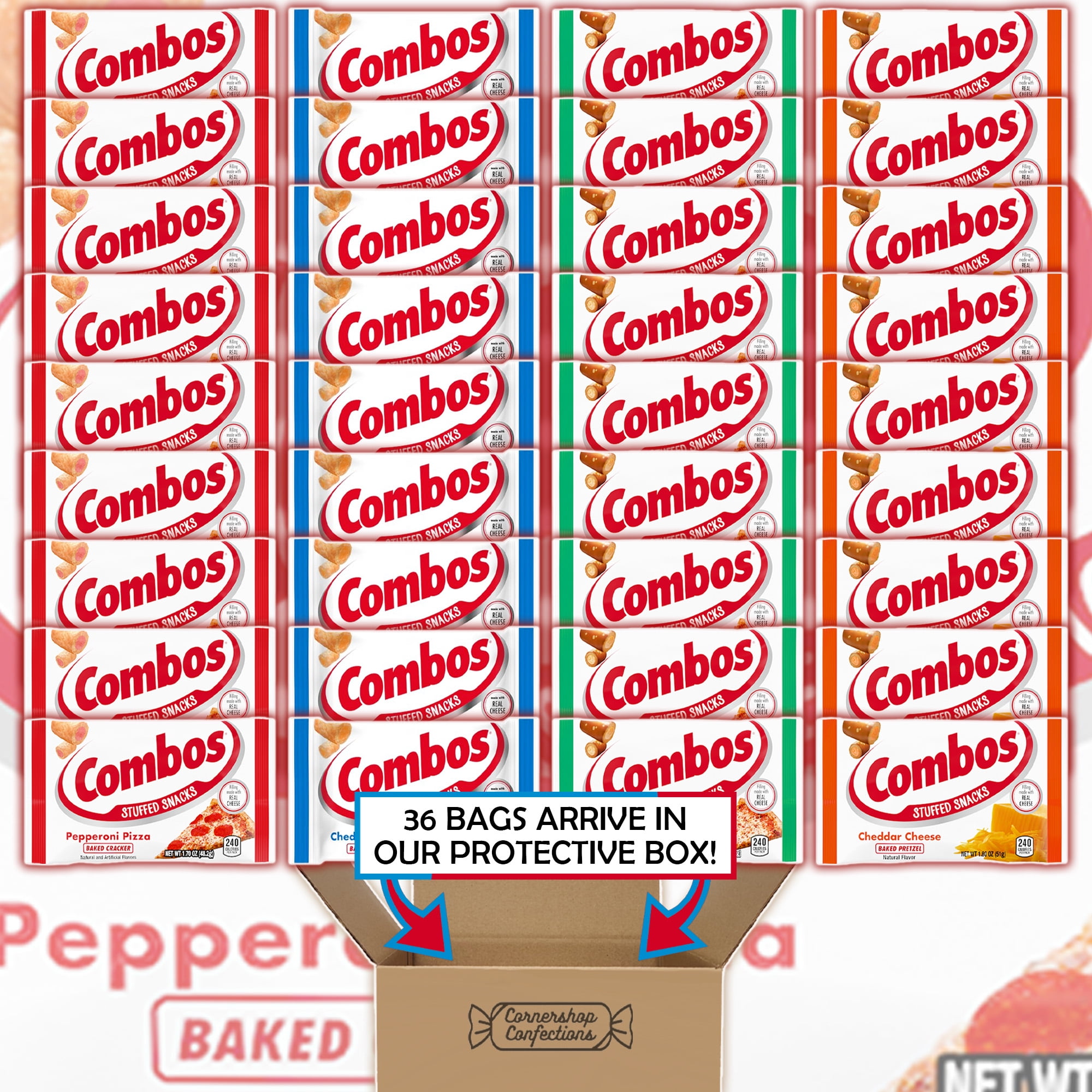 Combos Stuffed Snack 36 Bag 4 Flavor Bulk Variety Pack - Pepperoni Pizza Baked Cracker, Cheddar Cheese Pretzel, Pizzeria Baked Pretzel, Cheddar Cheese Baked Cracker In Cornershop Confections Pack