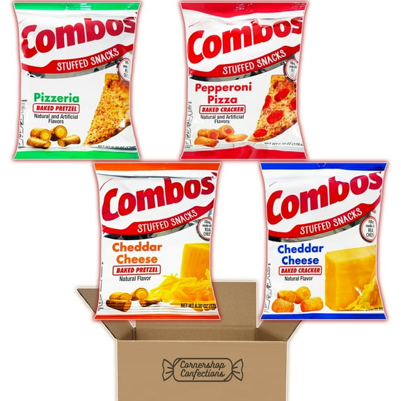 Combos Stuffed Snack 4 Flavors 1 Each Bulk Variety Share Pack - Pepperoni Pizza Baked Cracker, Cheddar Cheese Cracker, Pizzeria Baked Pretzel, Cheddar Cheese Pretzel In Cornershop Confections Pack