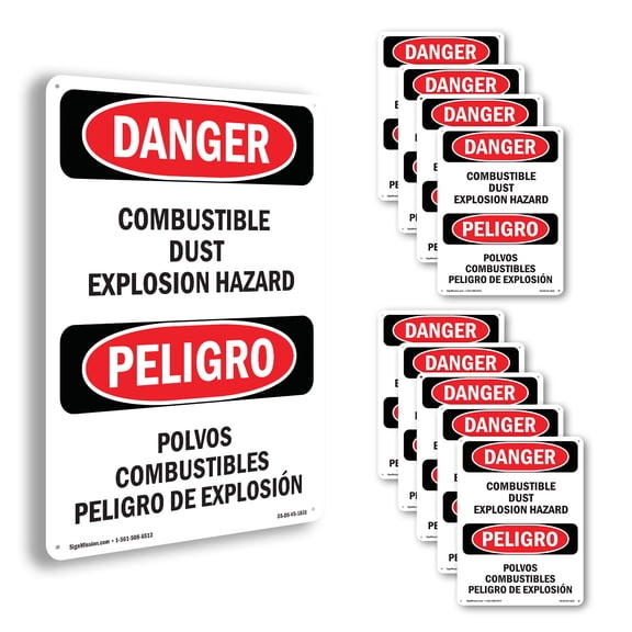Combustible Dust Explosion Hazard Bilingual OSHA Danger Aluminum Sign 24 Inch x 18 Inch - 10 Pack