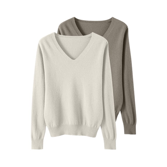 Comdrip 2Pc Women's Fall Winter V Neck Long Sleeve Basic Trendy Sweaters Fashion Casual Lightweight Knit Pullover Top Beige L