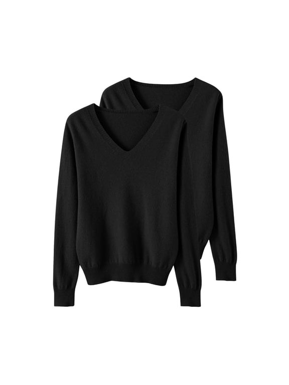 2Pc Women's Fall Winter V Neck Long Sleeve Basic Trendy Sweaters Fashion Casual Lightweight Knit Pullover Top Black M
