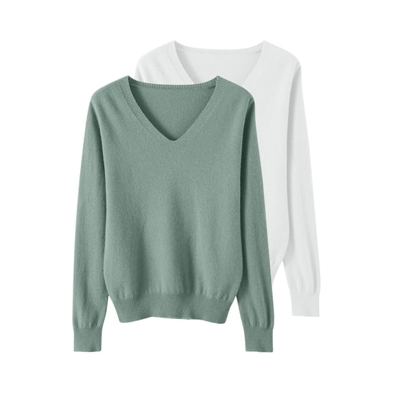 Comdrip 2Pc Women's Fall Winter V Neck Long Sleeve Basic Trendy Sweaters Fashion Casual Lightweight Knit Pullover Top Blackish Green 2Xl
