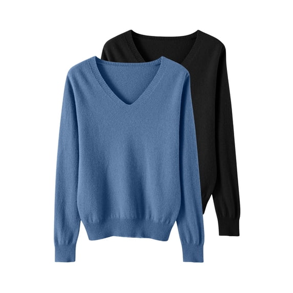 Comdrip 2Pc Women's Fall Winter V Neck Long Sleeve Basic Trendy Sweaters Fashion Casual Lightweight Knit Pullover Top Blue L