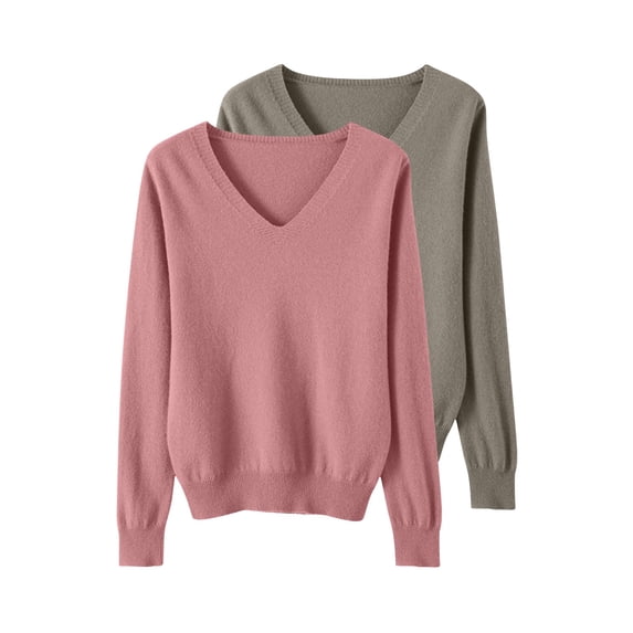 Comdrip 2Pc Women's Fall Winter V Neck Long Sleeve Basic Trendy Sweaters Fashion Casual Lightweight Knit Pullover Top Pink 2Xl
