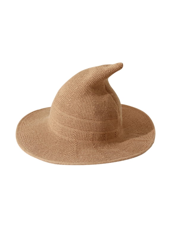 Black Witch Hat for Women Wide Brim Floppy Knit Pointed Crown Foldable Cap Design Crochet Knit Style Daily Themed Wear Brown