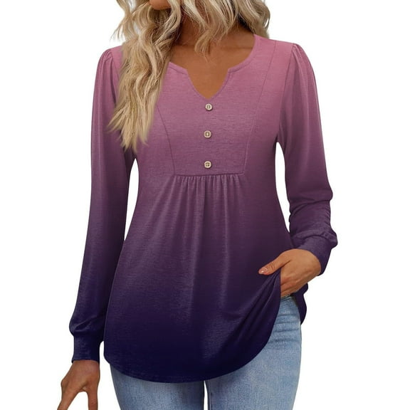 Comdrip Blouses for Women Dressy Casual, Long Sleeve Shirts for Women 2025 Fall Casual Pleated V Neck Button Down Blouse Loose Tops Womens Long Sleeve Tops Blue L