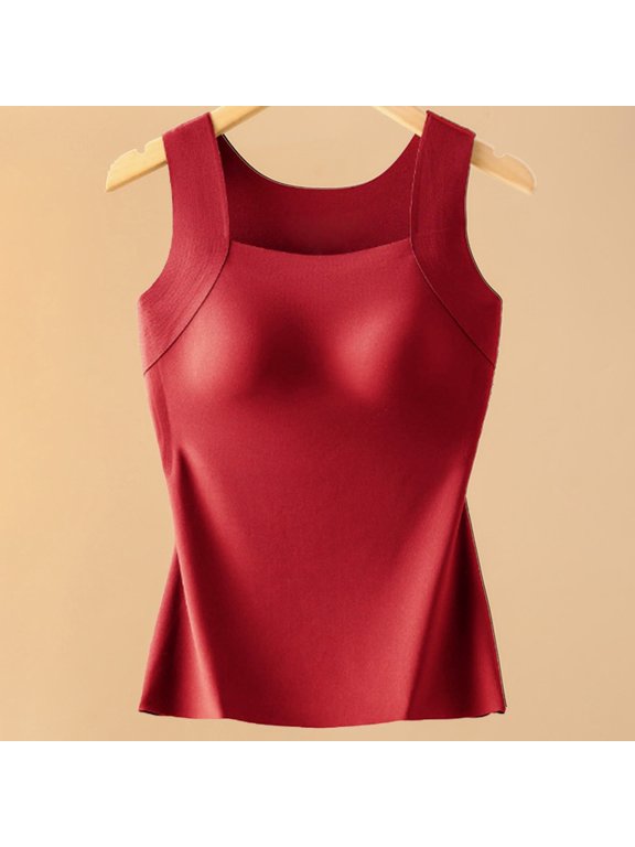 Built in Bra Tank Tops for Women Plus Size Wide Strap Backless Vest Fixed Cup High Stretch Slimming Shapewear TopRed M