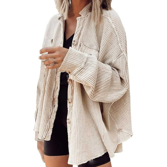Comdrip Button Down Shirts for Women, Oversized Knit Shirt Women Fall Shacket Corduroy Long Sleeve Shirts Button Down Shirts Jacket Corduroy Jacket Women Beige S
