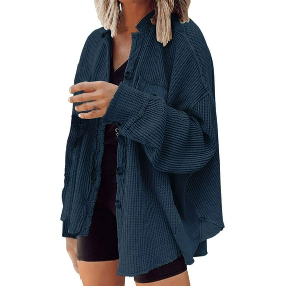 Comdrip Button Down Shirts for Women, Oversized Knit Shirt Women Fall Shacket Corduroy Long Sleeve Shirts Button Down Shirts Jacket Corduroy Jacket Women Dark Blue L