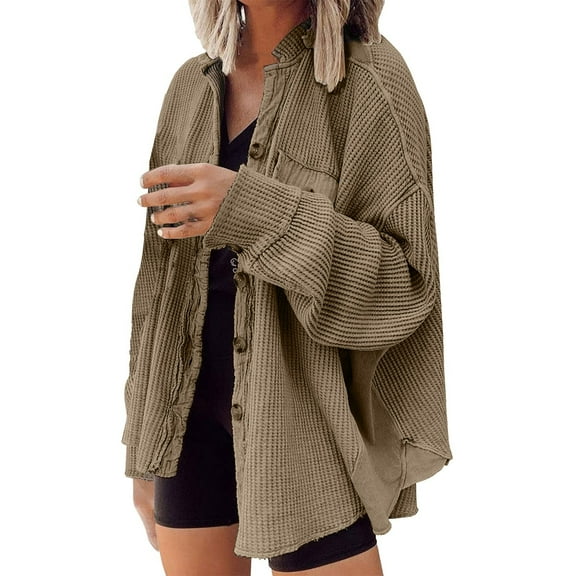 Comdrip Button Down Shirts for Women, Oversized Knit Shirt Women Fall Shacket Corduroy Long Sleeve Shirts Button Down Shirts Jacket Corduroy Jacket Women Khaki M