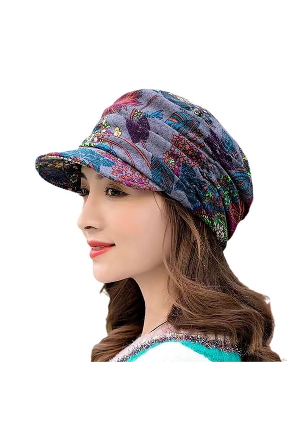 Cancer Chemo Foldable Earflap Headwear Ethnic Style Print Newsboy Cap Baseball Hat for Women Ruched Hair Loss Turban Peaked Cap Grey One Size