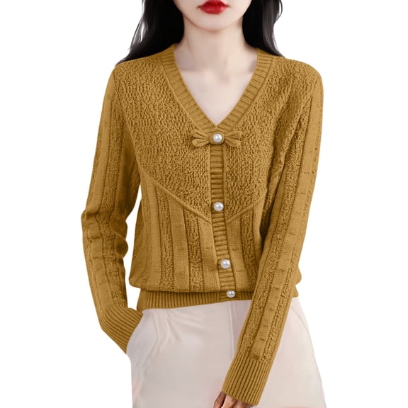 Comdrip Cardigan Sweaters for Women, Warm Sweaters for Women V Neck Classic Soft Pullover Sweater Loose Casual Long Sleeve 2025 Fall Winter Knit Cardigans for Women Yellow L